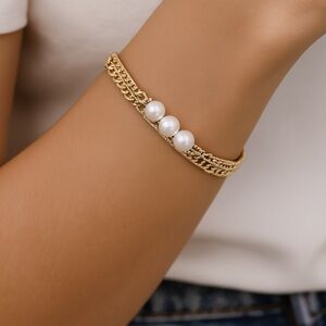 Gold-Tone Multi Chain Pearl Accent Bracelet – Layered Luxe Elegance